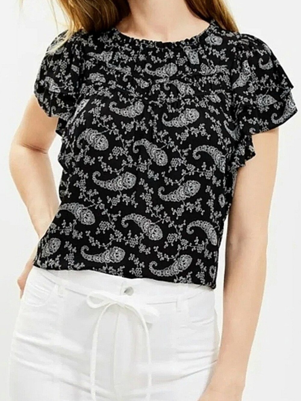 LOFT Paisley Ruched Flutter Sleeve Blouse